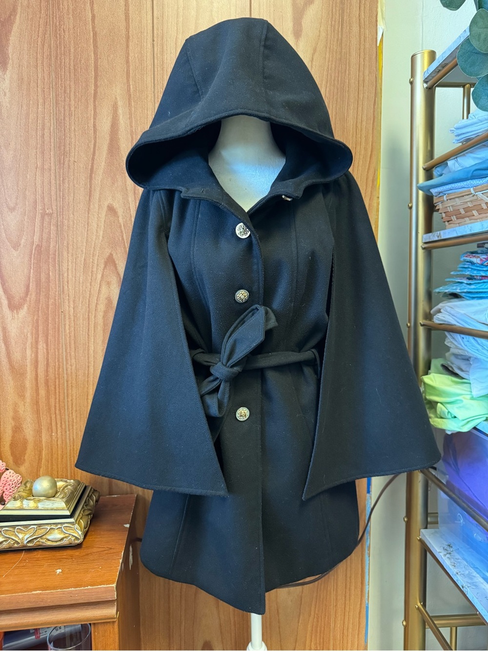 Jessica Simpson Black Hooded Cape Coat w/ Belt Tie Button Front w/ Pockets